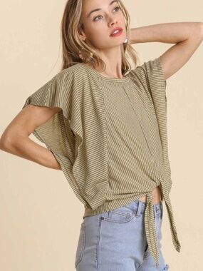 Umgee Batwing Striped Jersey Top with Front Tie NWT